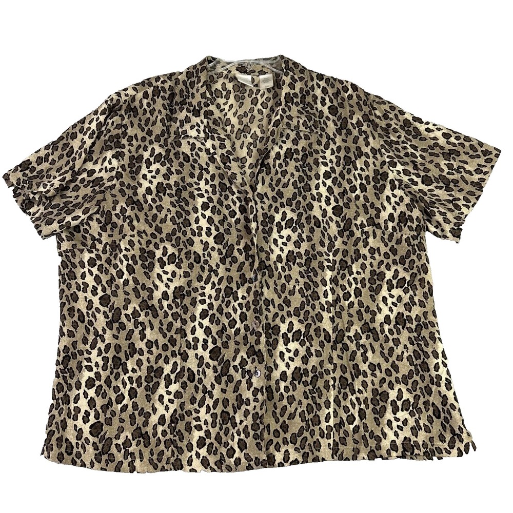 Emma James Women's 22 W Button Up Camp Shirt Brown Leopard‎ Print Blouse Boho